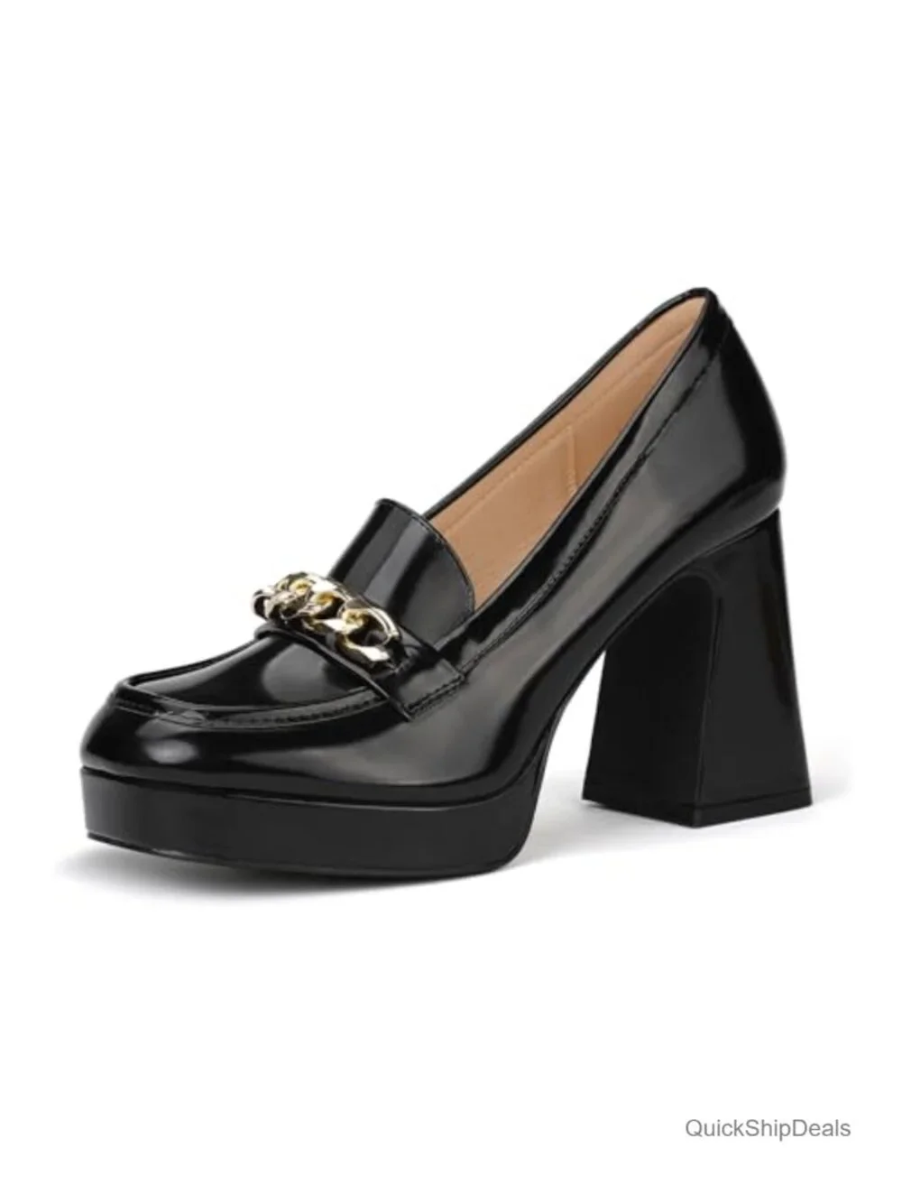 Platform Chunky Heel Loafers with Metal Chain | Square Toe Dress Shoes